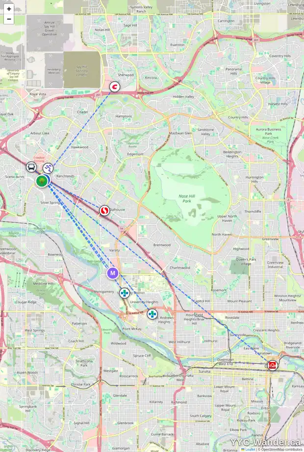 Daily accessibility map for 16 SILVERGROVE PL NW, Calgary showing nearby schools, grocery stores, parks, LRT stations and nearby amenities