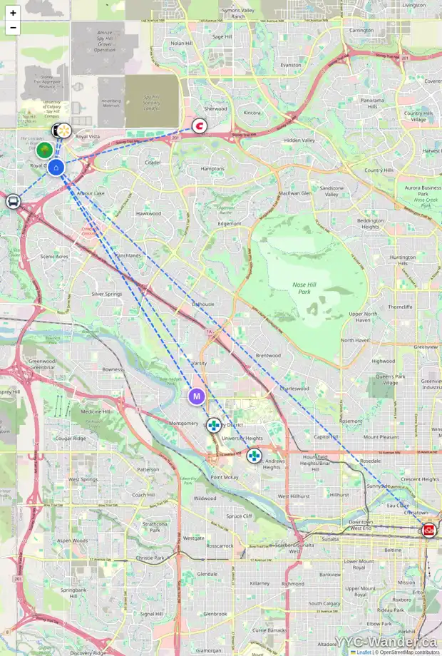Daily accessibility map for 18 ROYAL BIRCH CI NW, Calgary showing nearby schools, grocery stores, parks, LRT stations and nearby amenities