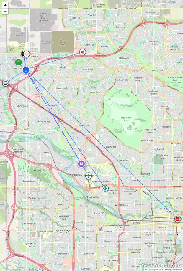 Daily accessibility map for 3 ROYAL BIRCH RD NW, Calgary showing nearby schools, grocery stores, parks, LRT stations and nearby amenities