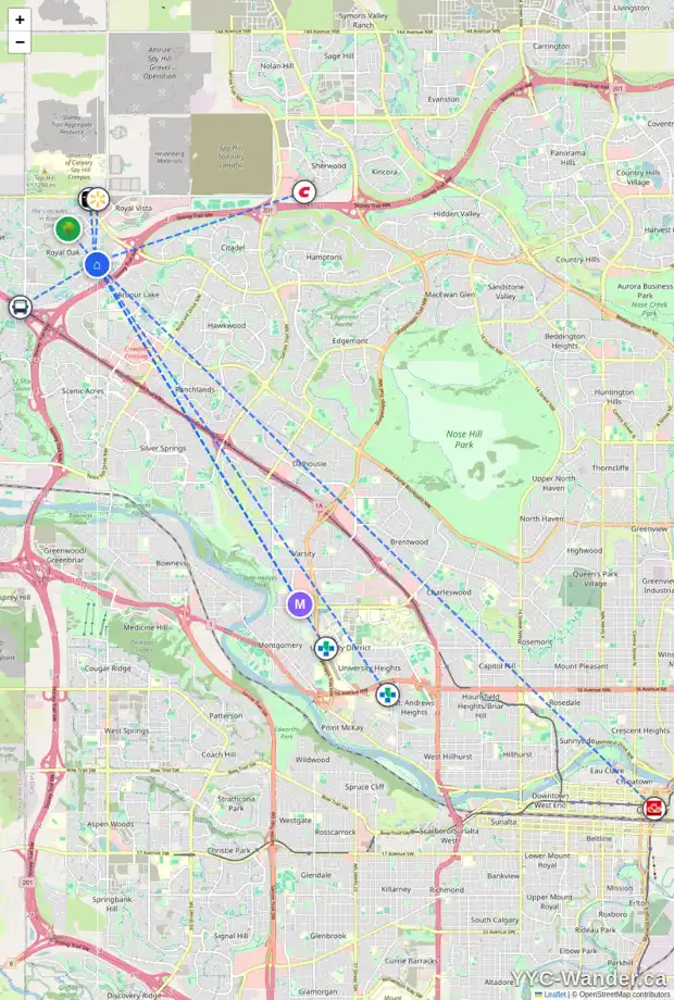 Daily accessibility map for 21 ROYAL BIRCH GV NW, Calgary showing nearby schools, grocery stores, parks, LRT stations and nearby amenities