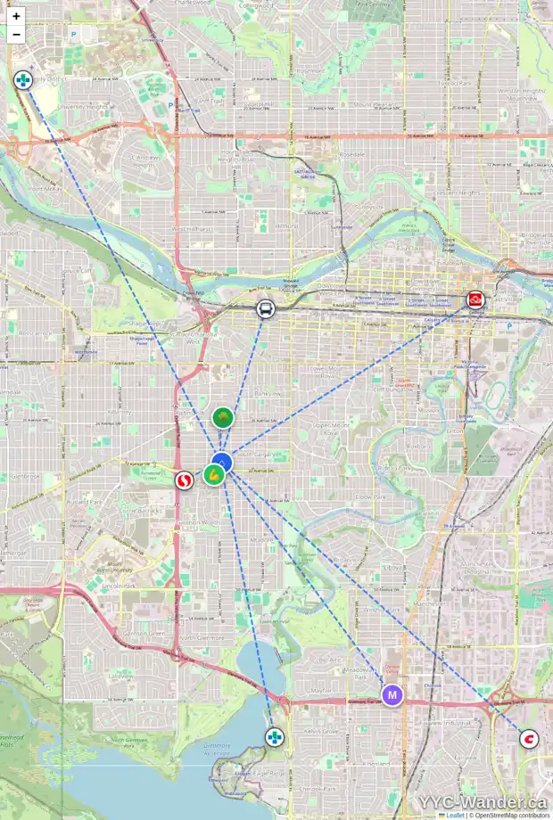 Daily accessibility map for 3256 20 ST SW, Calgary showing nearby schools, grocery stores, parks, LRT stations and nearby amenities