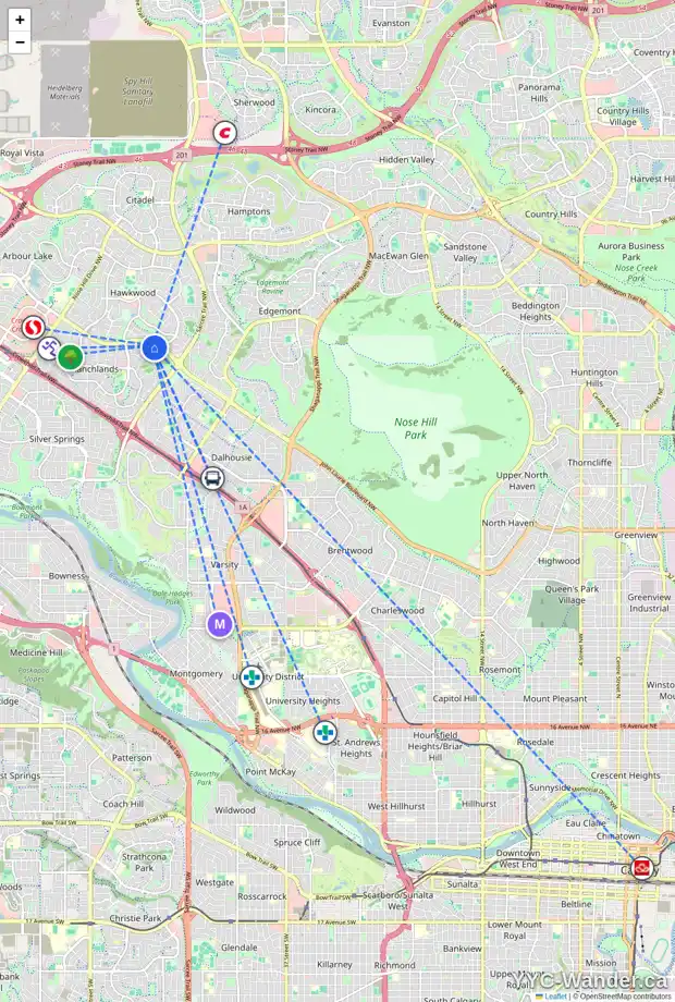 Daily accessibility map for 175 RANCH ESTATES RD NW, Calgary showing nearby schools, grocery stores, parks, LRT stations and nearby amenities