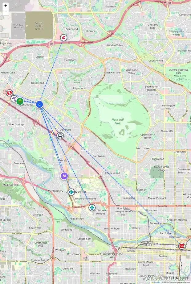 Daily accessibility map for 300 RANCH ESTATES DR NW, Calgary showing nearby schools, grocery stores, parks, LRT stations and nearby amenities