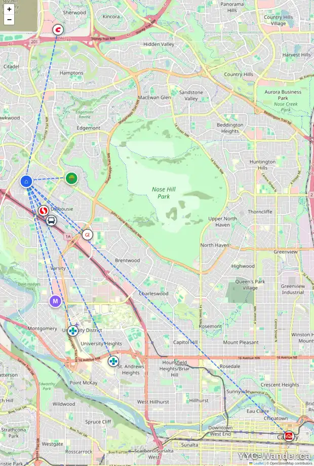 Daily accessibility map for 115 DALCASTLE CL NW, Calgary showing nearby schools, grocery stores, parks, LRT stations and nearby amenities