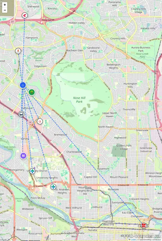 Daily accessibility map for 48 EDGEDALE DR NW, Calgary showing nearby schools, grocery stores, parks, LRT stations and nearby amenities