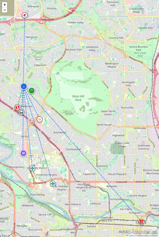 Daily accessibility map for 18 EDGEDALE CO NW, Calgary showing nearby schools, grocery stores, parks, LRT stations and nearby amenities