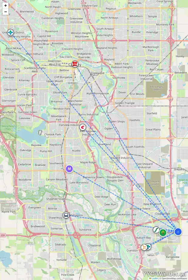 Daily accessibility map for 81 903 MAHOGANY BV SE, Calgary showing nearby schools, grocery stores, parks, LRT stations and nearby amenities