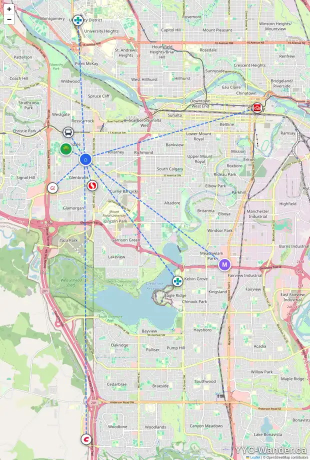 Daily accessibility map for 2725 40 ST SW, Calgary showing nearby schools, grocery stores, parks, LRT stations and nearby amenities