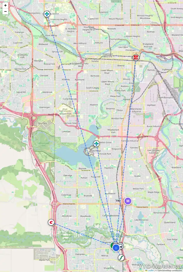 Daily accessibility map for 5203 14645 6 ST SW, Calgary showing nearby schools, grocery stores, parks, LRT stations and nearby amenities