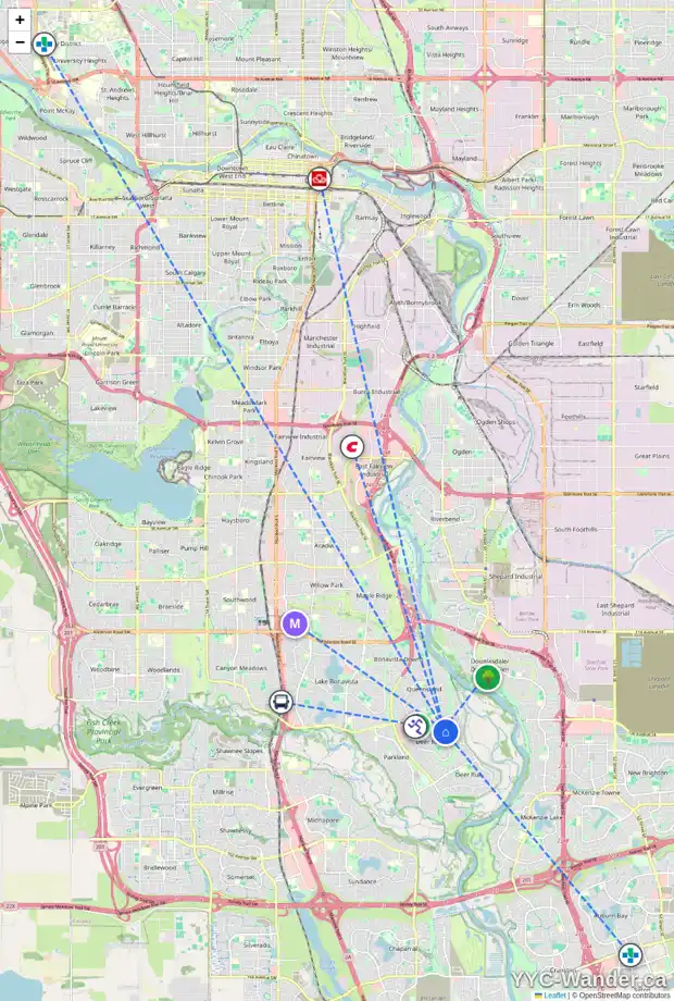 Daily accessibility map for 323 DEERCLIFF RD SE, Calgary showing nearby schools, grocery stores, parks, LRT stations and nearby amenities