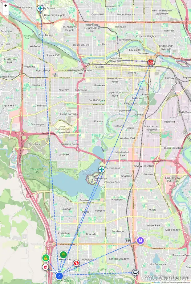 Daily accessibility map for 44 WOODHAVEN CR SW, Calgary showing nearby schools, grocery stores, parks, LRT stations and nearby amenities