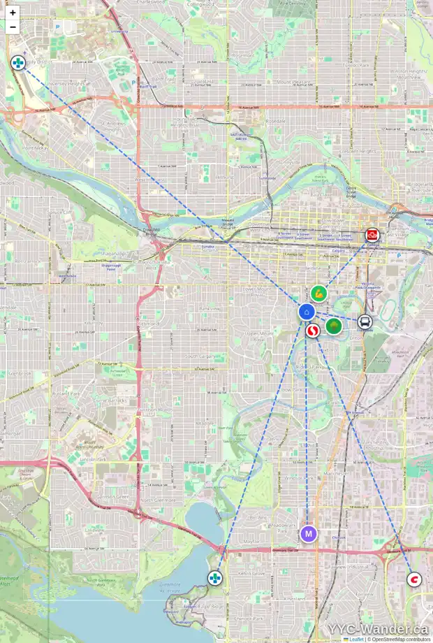 Daily accessibility map for 606 22 AV SW, Calgary showing nearby schools, grocery stores, parks, LRT stations and nearby amenities