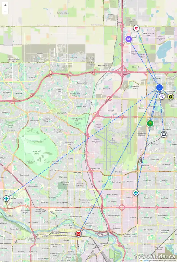 Daily accessibility map for 2218 15 SKYVIEW POINT CR NE, Calgary showing nearby schools, grocery stores, parks, LRT stations and nearby amenities
