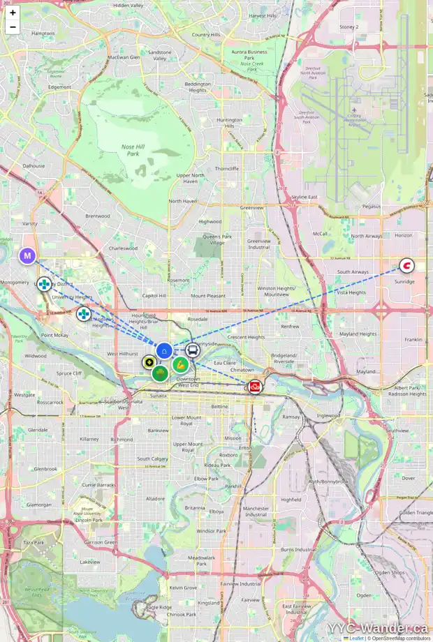 Daily accessibility map for 426 16 ST NW, Calgary showing nearby schools, grocery stores, parks, LRT stations and nearby amenities