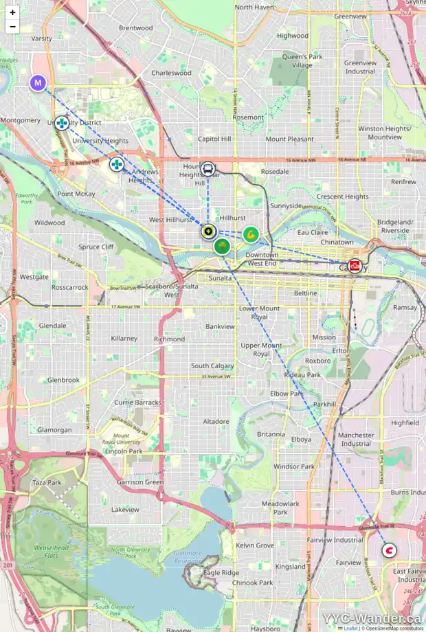 Daily accessibility map for 330 110 18A ST NW, Calgary showing nearby schools, grocery stores, parks, LRT stations and nearby amenities