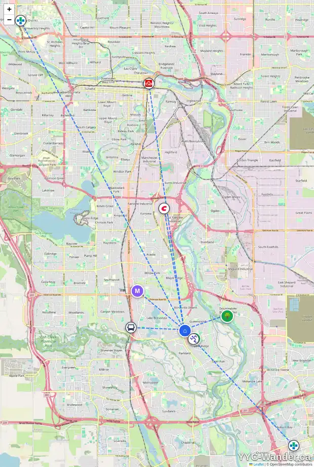 Daily accessibility map for 48 QUEEN ISABELLA CL SE, Calgary showing nearby schools, grocery stores, parks, LRT stations and nearby amenities