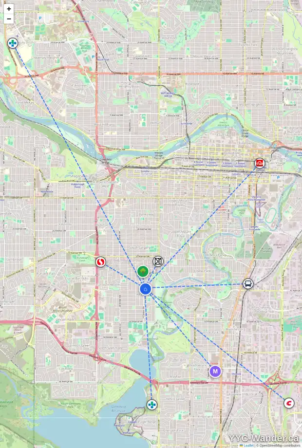 Daily accessibility map for 4216 16 ST SW, Calgary showing nearby schools, grocery stores, parks, LRT stations and nearby amenities