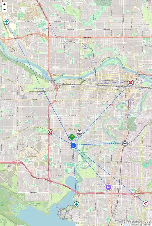 Daily accessibility map for 4214 16 ST SW, Calgary showing nearby schools, grocery stores, parks, LRT stations and nearby amenities