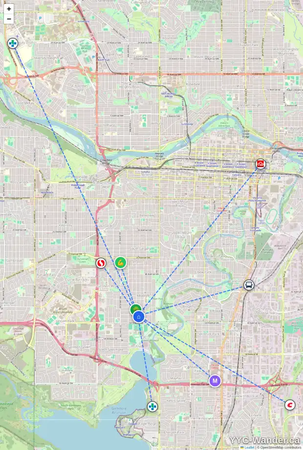 Daily accessibility map for 1739 48 AV SW, Calgary showing nearby schools, grocery stores, parks, LRT stations and nearby amenities