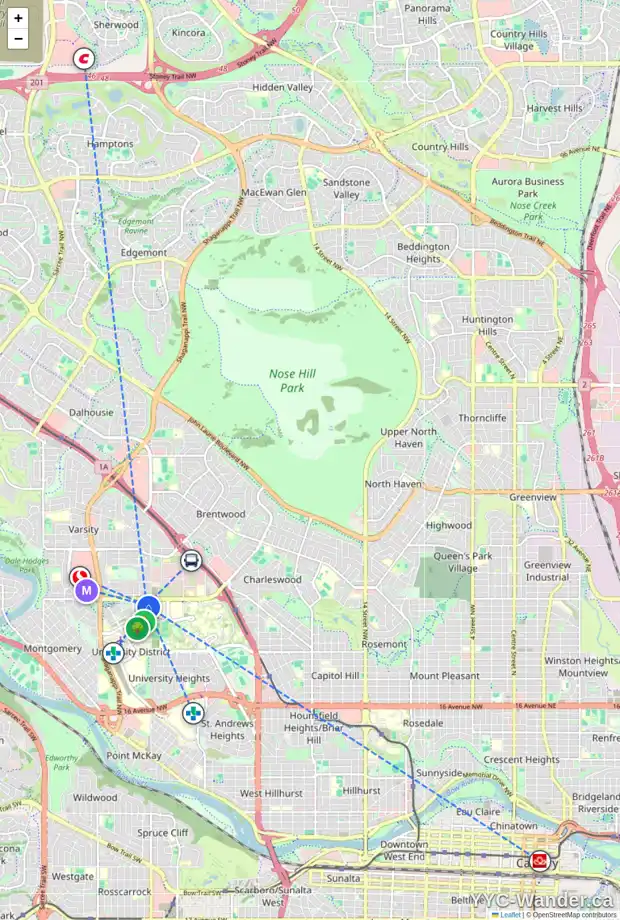 Daily accessibility map for 3825 32 AV NW, Calgary showing nearby schools, grocery stores, parks, LRT stations and nearby amenities
