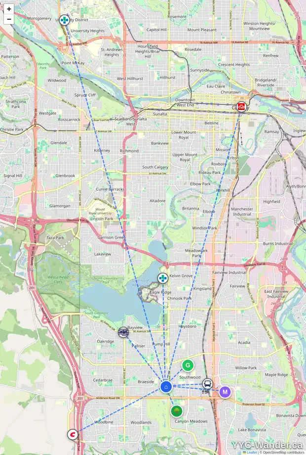 Daily accessibility map for 1531 110 AV SW, Calgary showing nearby schools, grocery stores, parks, LRT stations and nearby amenities