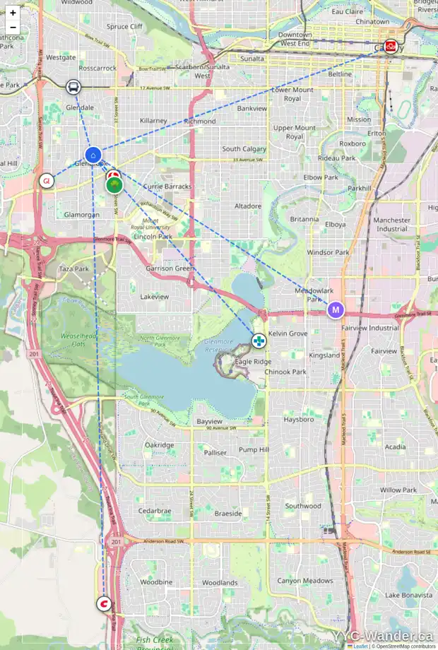 Daily accessibility map for 4307 32 AV SW, Calgary showing nearby schools, grocery stores, parks, LRT stations and nearby amenities