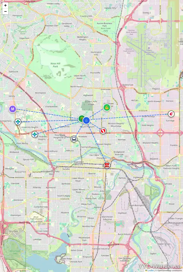 Daily accessibility map for 730 25 AV NW, Calgary showing nearby schools, grocery stores, parks, LRT stations and nearby amenities