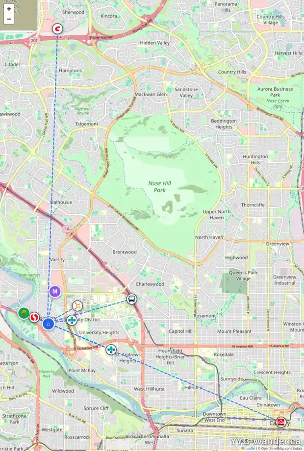 Daily accessibility map for 4711 19 AV NW, Calgary showing nearby schools, grocery stores, parks, LRT stations and nearby amenities