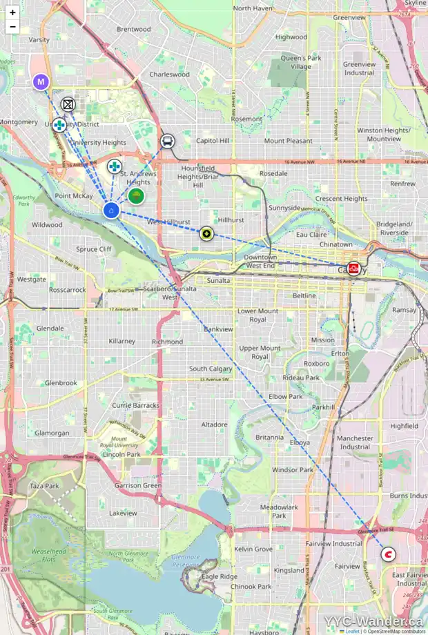 Daily accessibility map for 525 32 ST NW, Calgary showing nearby schools, grocery stores, parks, LRT stations and nearby amenities