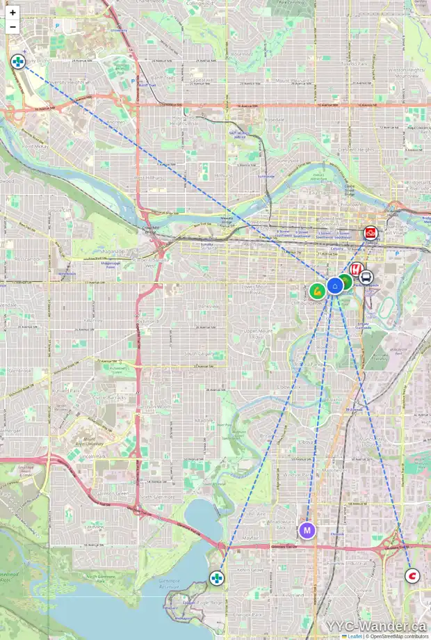 Daily accessibility map for 210 18 AV SW, Calgary showing nearby schools, grocery stores, parks, LRT stations and nearby amenities