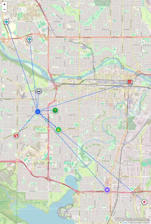 Daily accessibility map for 2428 27 ST SW, Calgary showing nearby schools, grocery stores, parks, LRT stations and nearby amenities