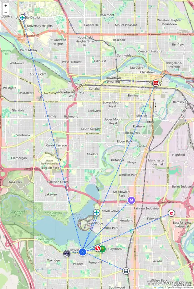 Daily accessibility map for 2019 BAY FIELD PL SW, Calgary showing nearby schools, grocery stores, parks, LRT stations and nearby amenities