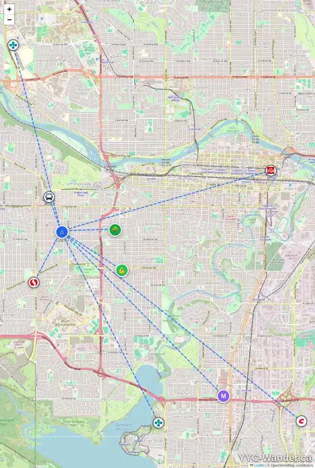 Daily accessibility map for 2424 31 ST SW, Calgary showing nearby schools, grocery stores, parks, LRT stations and nearby amenities