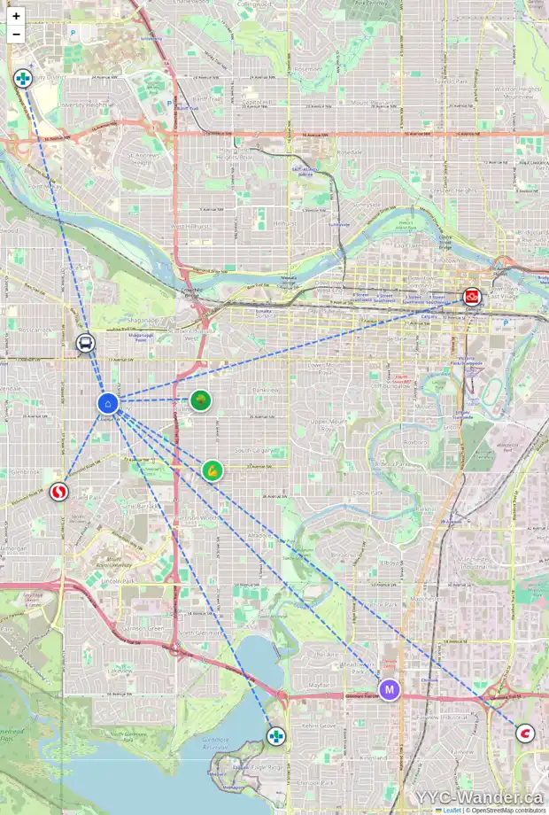 Daily accessibility map for 2422 31 ST SW, Calgary showing nearby schools, grocery stores, parks, LRT stations and nearby amenities