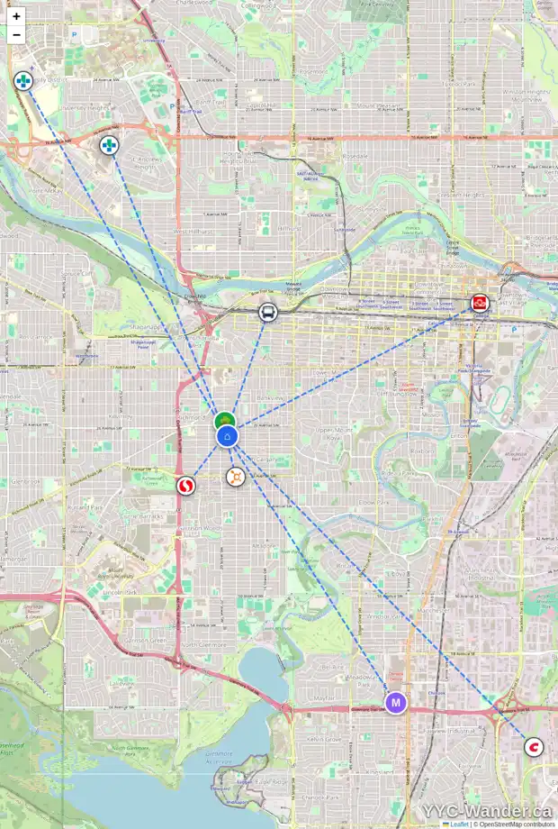 Daily accessibility map for 2025 27 AV SW, Calgary showing nearby schools, grocery stores, parks, LRT stations and nearby amenities