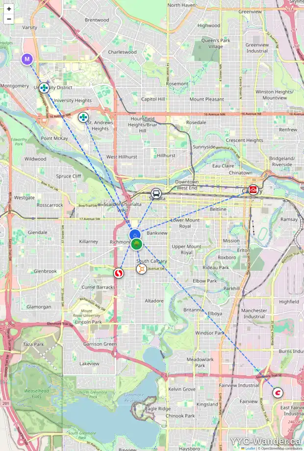 Daily accessibility map for 2117 22 AV SW, Calgary showing nearby schools, grocery stores, parks, LRT stations and nearby amenities