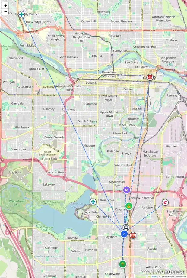 Daily accessibility map for 12 HARVEY PL SW, Calgary showing nearby schools, grocery stores, parks, LRT stations and nearby amenities