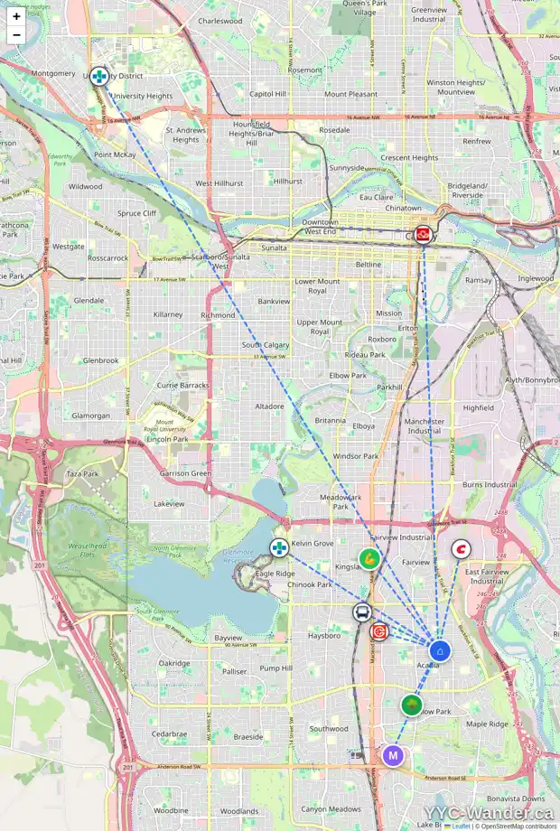 Daily accessibility map for 355 ACADIA DR SE, Calgary showing nearby schools, grocery stores, parks, LRT stations and nearby amenities
