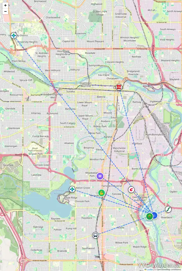 Daily accessibility map for 188 RIVERSIDE CL SE, Calgary showing nearby schools, grocery stores, parks, LRT stations and nearby amenities