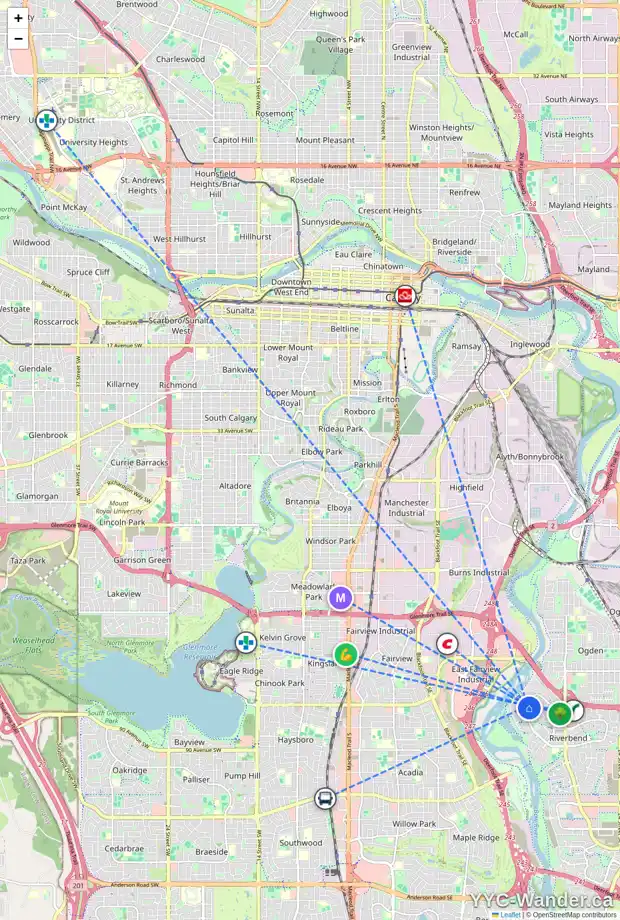 Daily accessibility map for 545 RIVERBEND DR SE, Calgary showing nearby schools, grocery stores, parks, LRT stations and nearby amenities