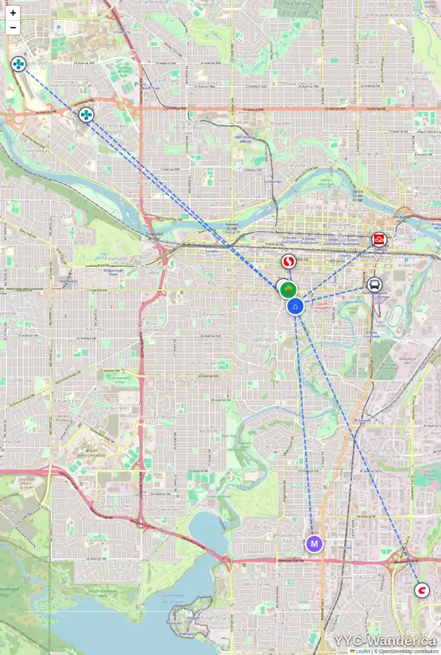 Daily accessibility map for 726 ROYAL AV SW, Calgary showing nearby schools, grocery stores, parks, LRT stations and nearby amenities