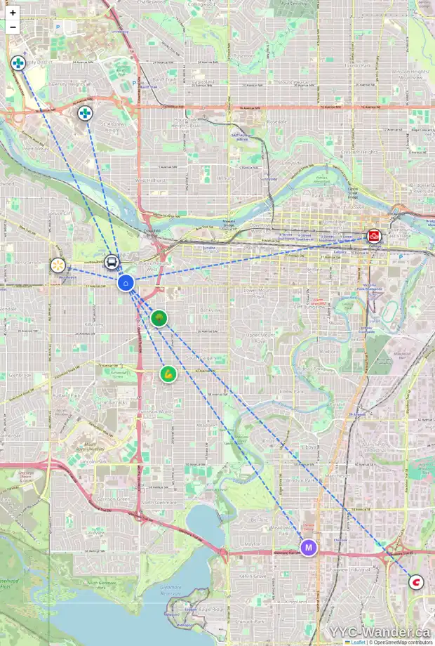 Daily accessibility map for 1732 25A ST SW, Calgary showing nearby schools, grocery stores, parks, LRT stations and nearby amenities