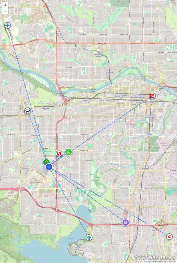 Daily accessibility map for 214 330 DIEPPE DR SW, Calgary showing nearby schools, grocery stores, parks, LRT stations and nearby amenities
