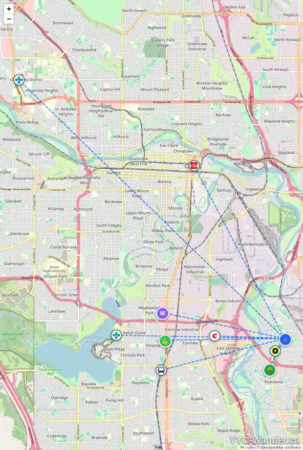 Daily accessibility map for 219 LYNNWOOD DR SE, Calgary showing nearby schools, grocery stores, parks, LRT stations and nearby amenities