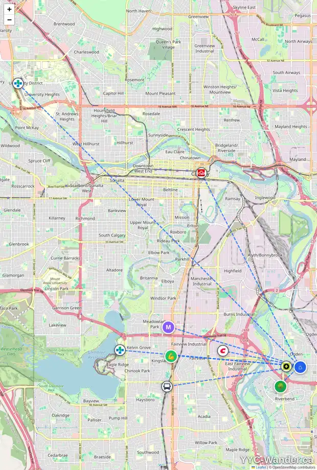 Daily accessibility map for 7611 21A ST SE, Calgary showing nearby schools, grocery stores, parks, LRT stations and nearby amenities