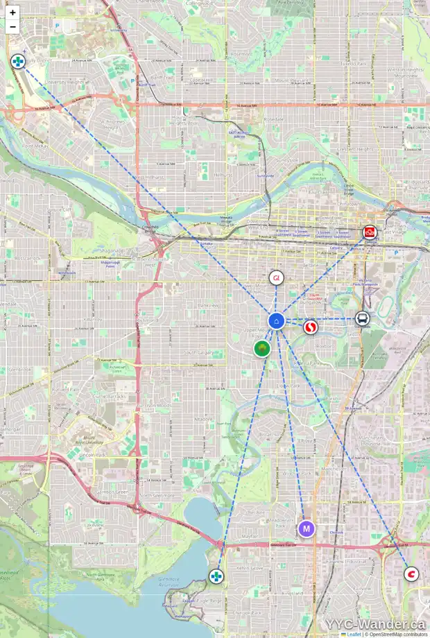 Daily accessibility map for 846 HILLCREST AV SW, Calgary showing nearby schools, grocery stores, parks, LRT stations and nearby amenities