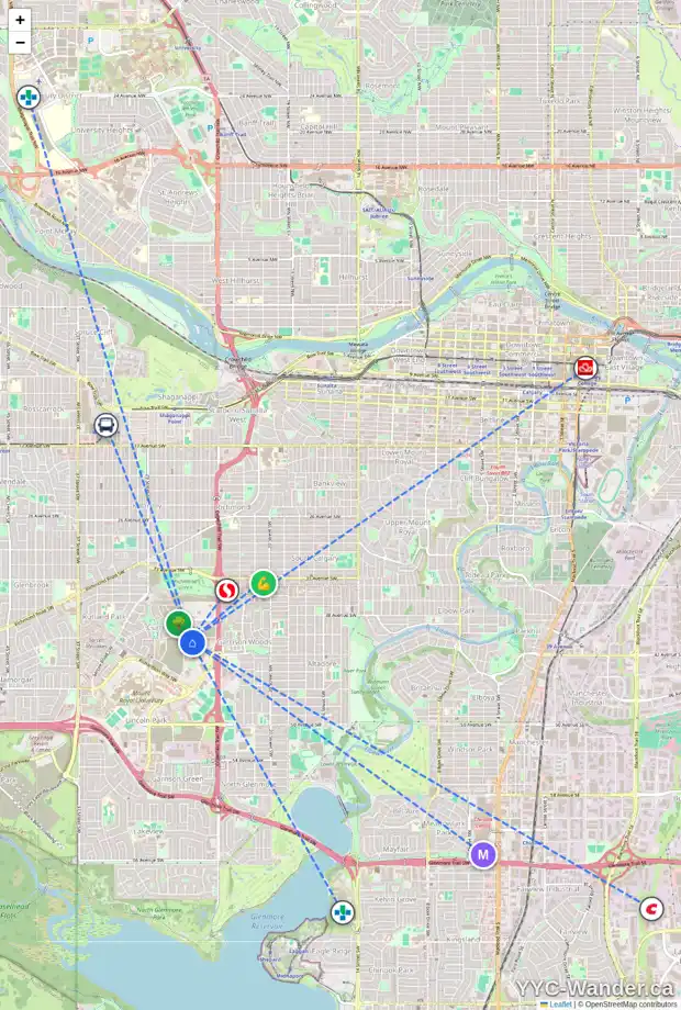 Daily accessibility map for 311 370 DIEPPE DR SW, Calgary showing nearby schools, grocery stores, parks, LRT stations and nearby amenities