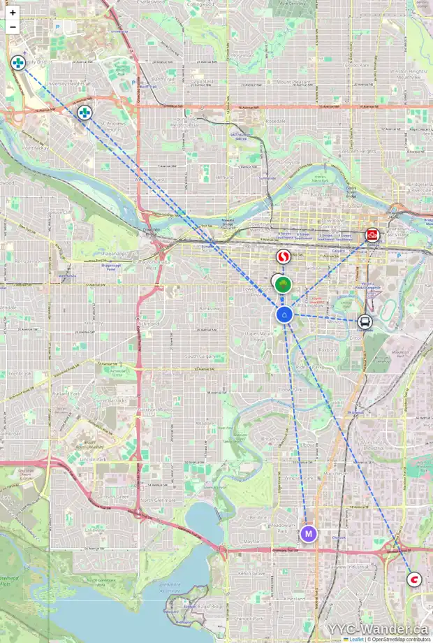 Daily accessibility map for 2201 7 ST SW, Calgary showing nearby schools, grocery stores, parks, LRT stations and nearby amenities
