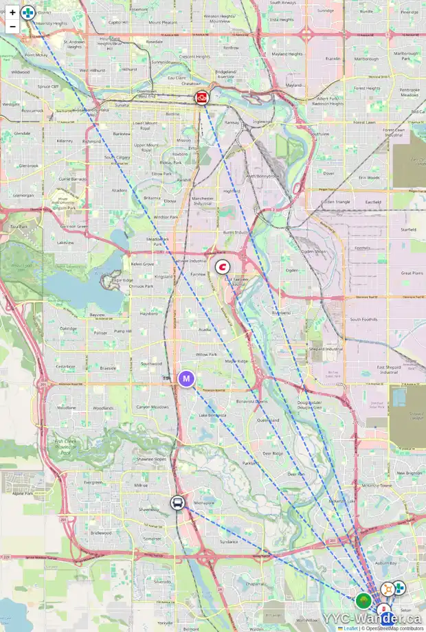 Daily accessibility map for 6107 20295 SETON WY SE, Calgary showing nearby schools, grocery stores, parks, LRT stations and nearby amenities