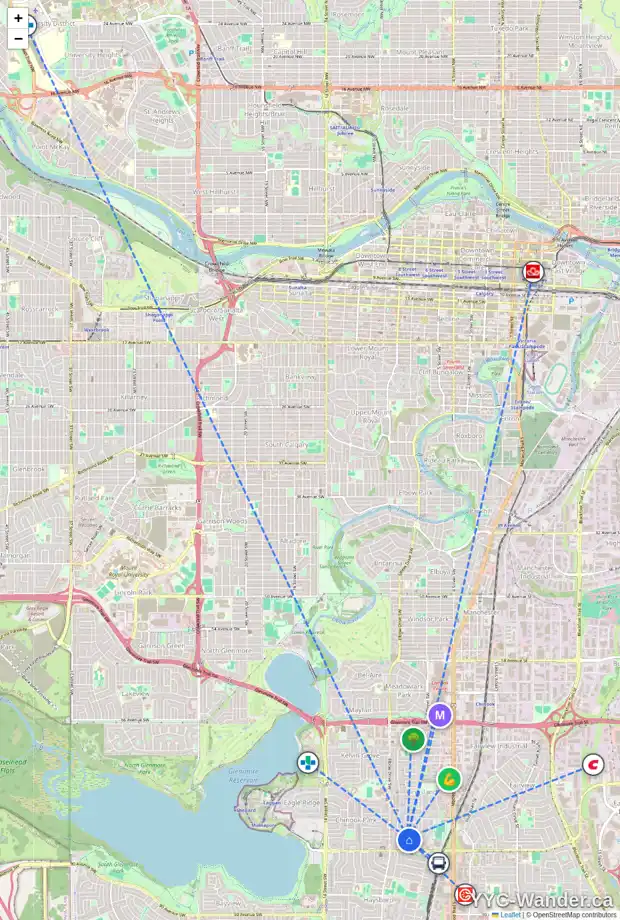 Daily accessibility map for 27 KELVIN PL SW, Calgary showing nearby schools, grocery stores, parks, LRT stations and nearby amenities